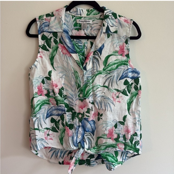 Tommy Bahama Tropical Floral Button-Down Shirt small resortwear linen tie front - Picture 2 of 4